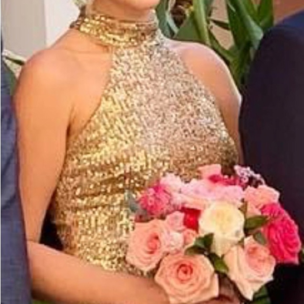 BHLDN bodycon floor length gold sequin gown